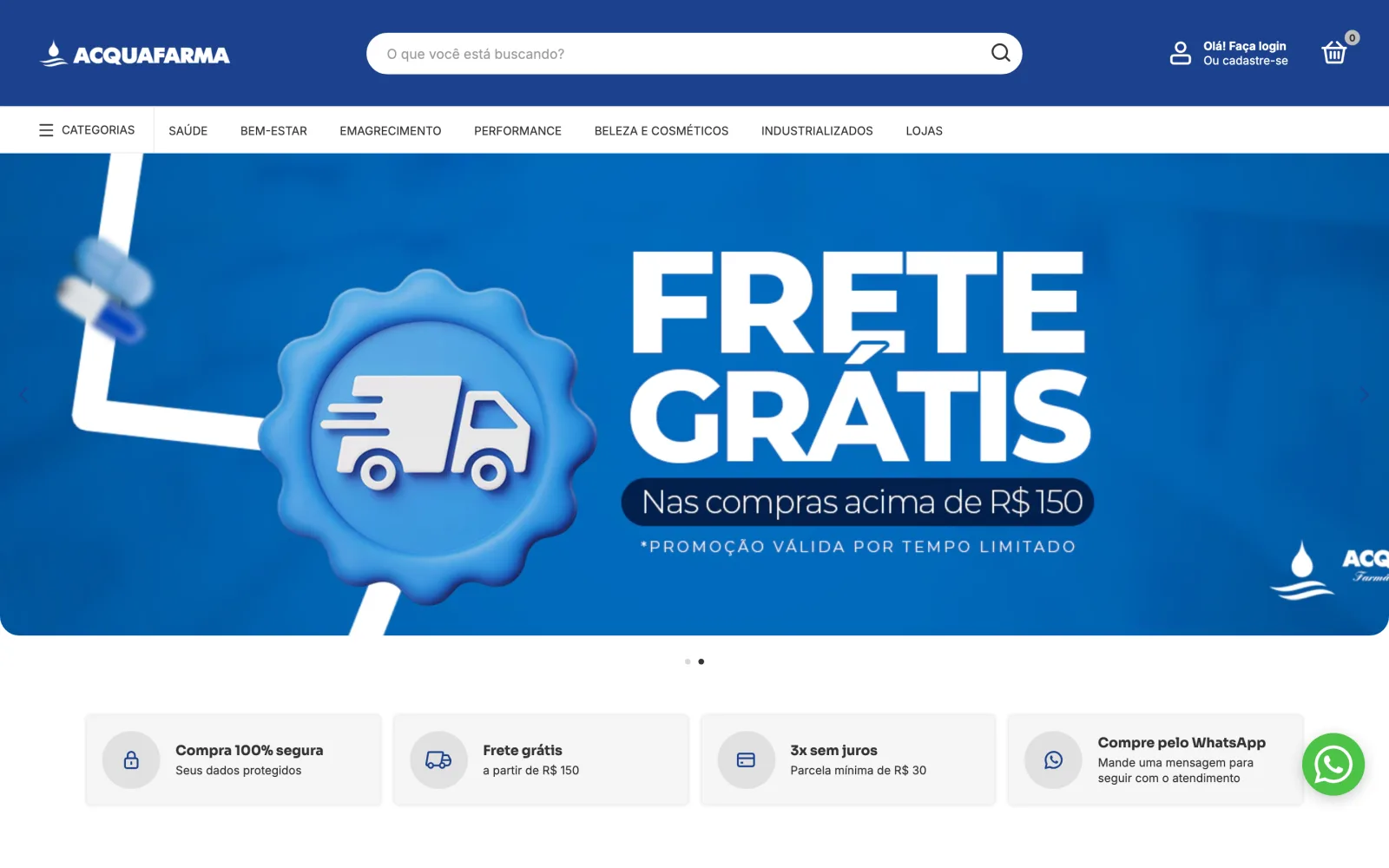 Home da loja Acquafarma com banner de composto emagrecedor e selos de compra segura, frete grátis e parcelamento.