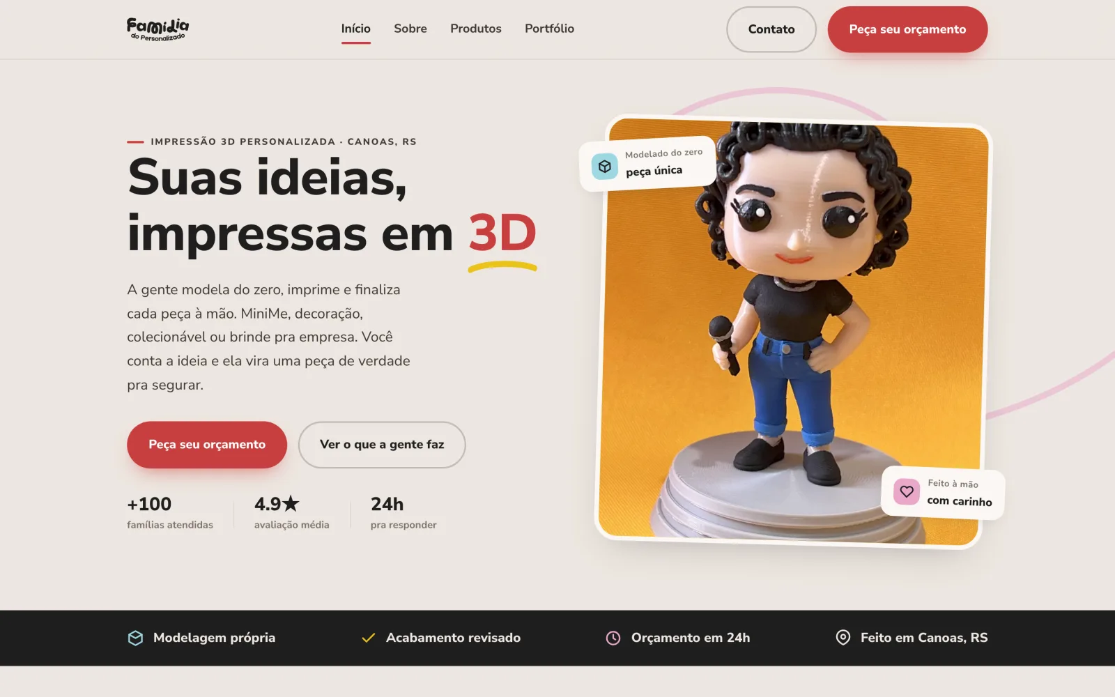 Home do site da Família do Personalizado com o título Suas ideias, impressas em 3D e uma foto de boneco personalizado.