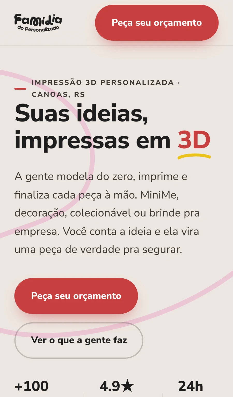 Mesma home vista no celular, em coluna única, com o botão de orçamento fixo no topo.